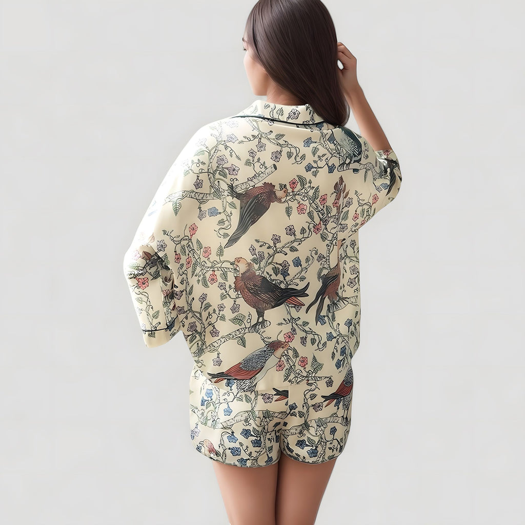 Anna-Kaci Lounge Women's Bird Print Pajama Set with Button Front Top and Contrast Trim Details