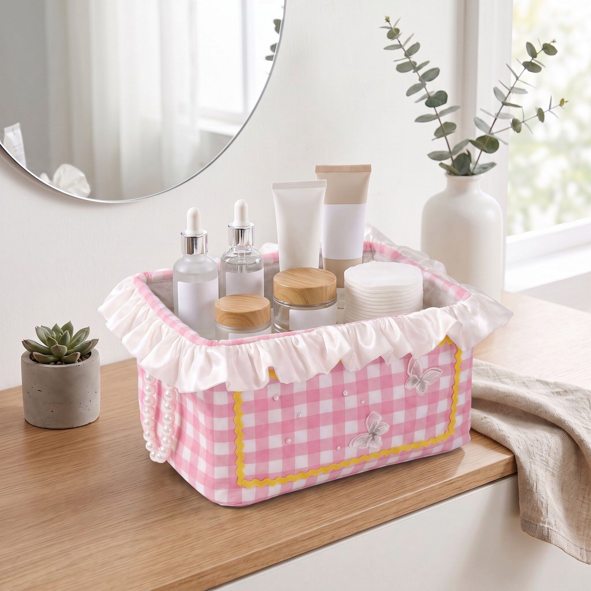 Gingham Fabric Storage Basket with Ruffle Trim and Handles