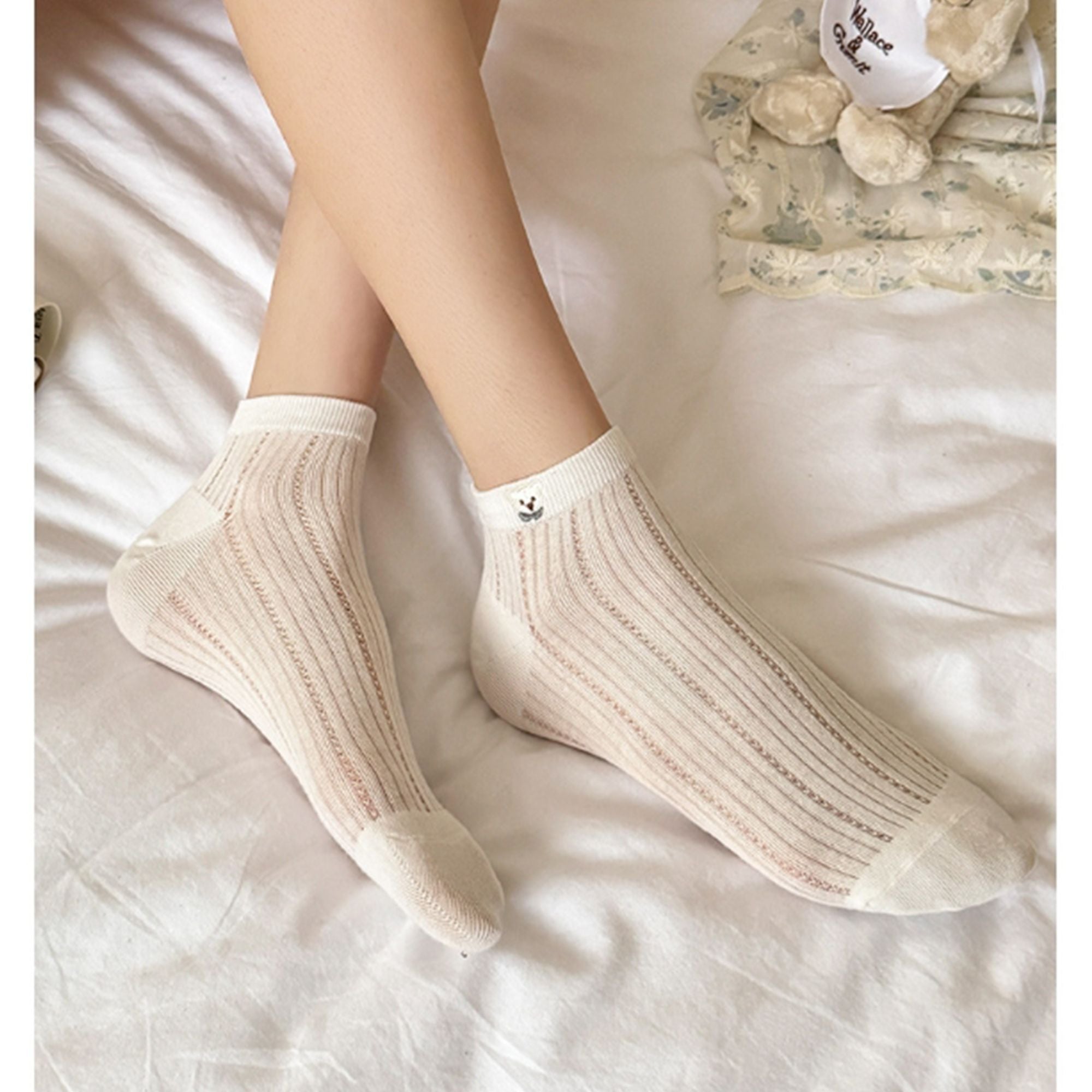 Anna-Kaci 4 Pairs Women's Ankle Mesh Socks with Bear Embroidery Lightweight Breathable Knit and Elastic Cuffs