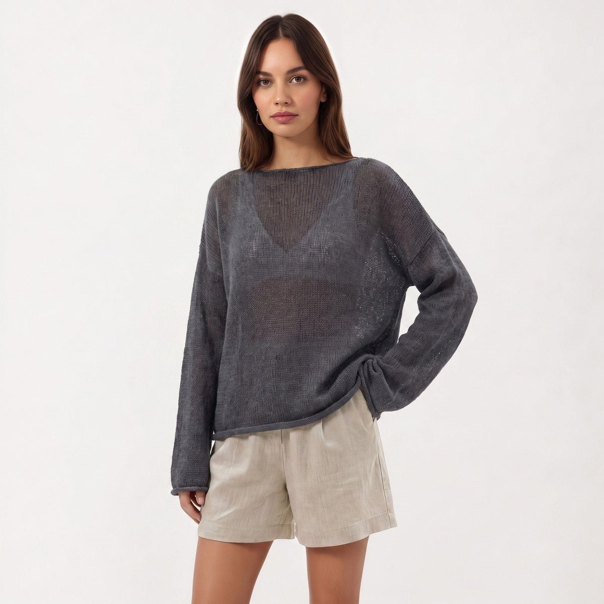 Saco de punto abierto ligero de manga larga Anna-Kaci para mujer con ajuste relajado y textura sutilmente transparente