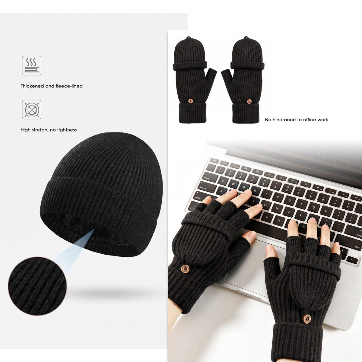 3 Piece Beanie Scarf and Convertible Fingerless Gloves Winter Set