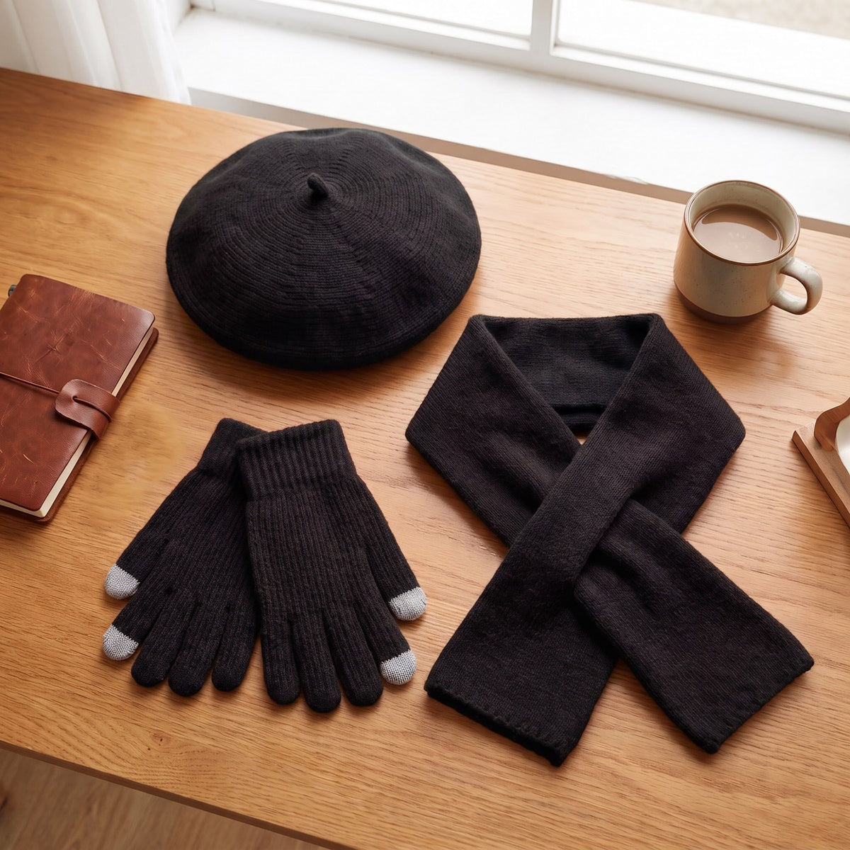 3 Piece Beret Scarf and Touchscreen Gloves Winter Set