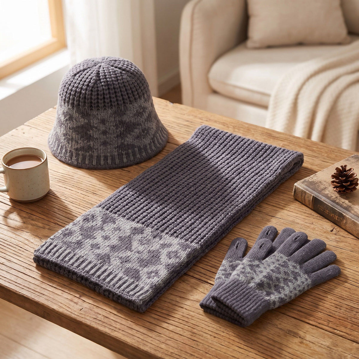 3 Piece Knit Winter Hat Scarf and Gloves Set with Geometric Pattern