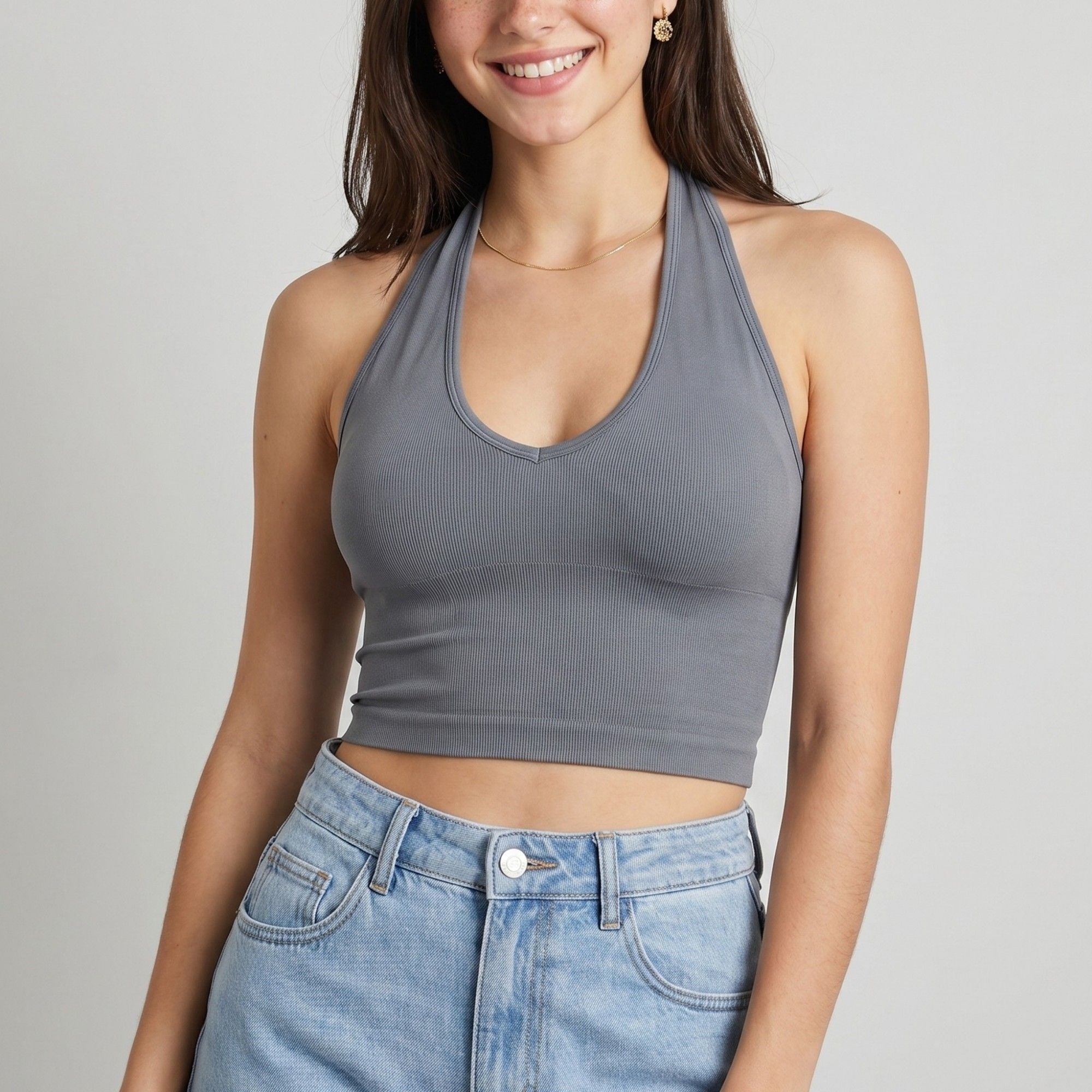 Anna-Kaci Active Womens Halter Neck Cropped Tank Top with V Neckline Smooth Stretch Knit and Fitted Band