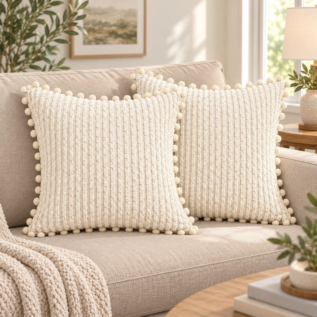 2 Pack Double Sided Corduroy Throw Pillow Covers 18 x 18 Inch with Pom Pom Trim