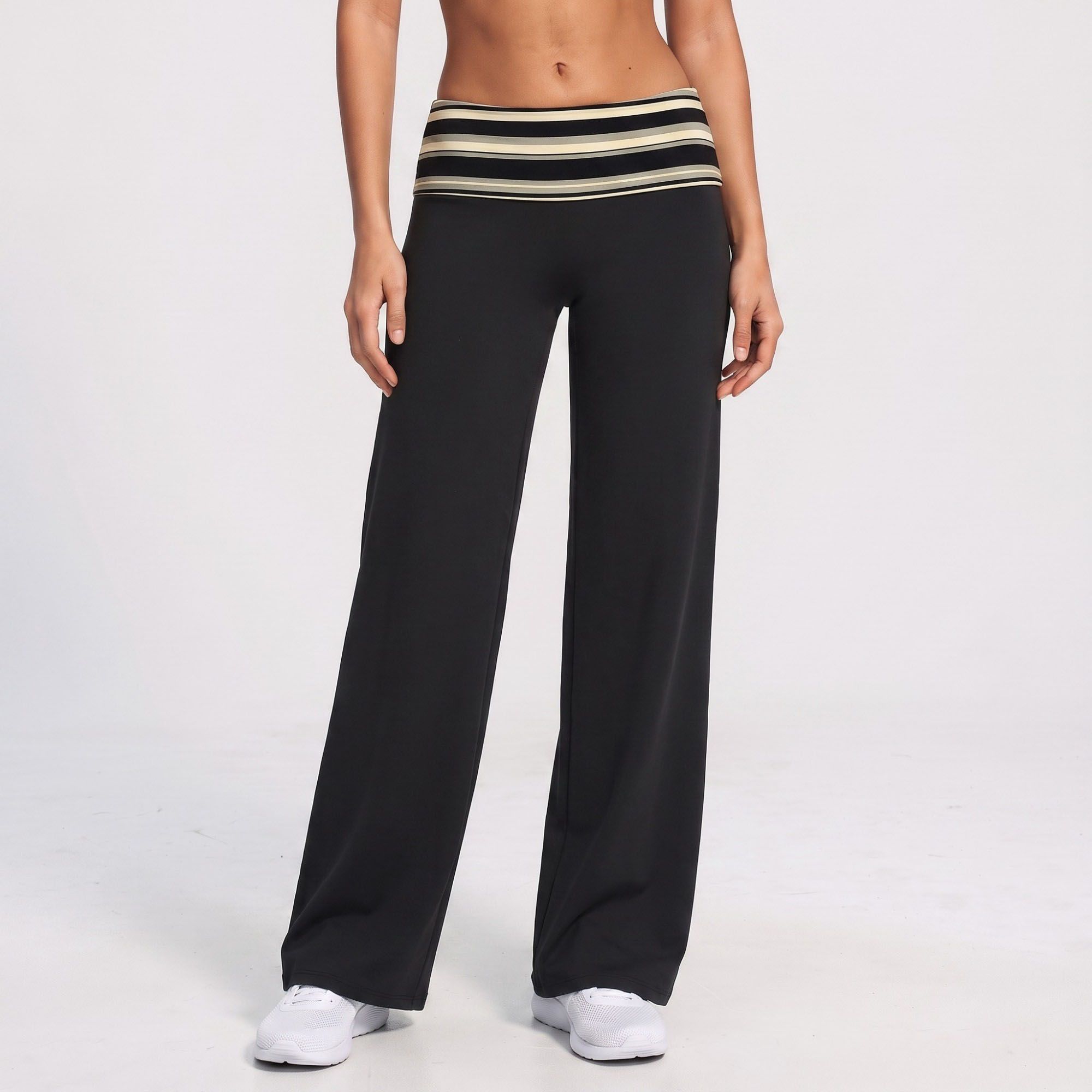Striped Foldover Waist Wide Leg Yoga Pants Full Length Flowy Workout Trousers