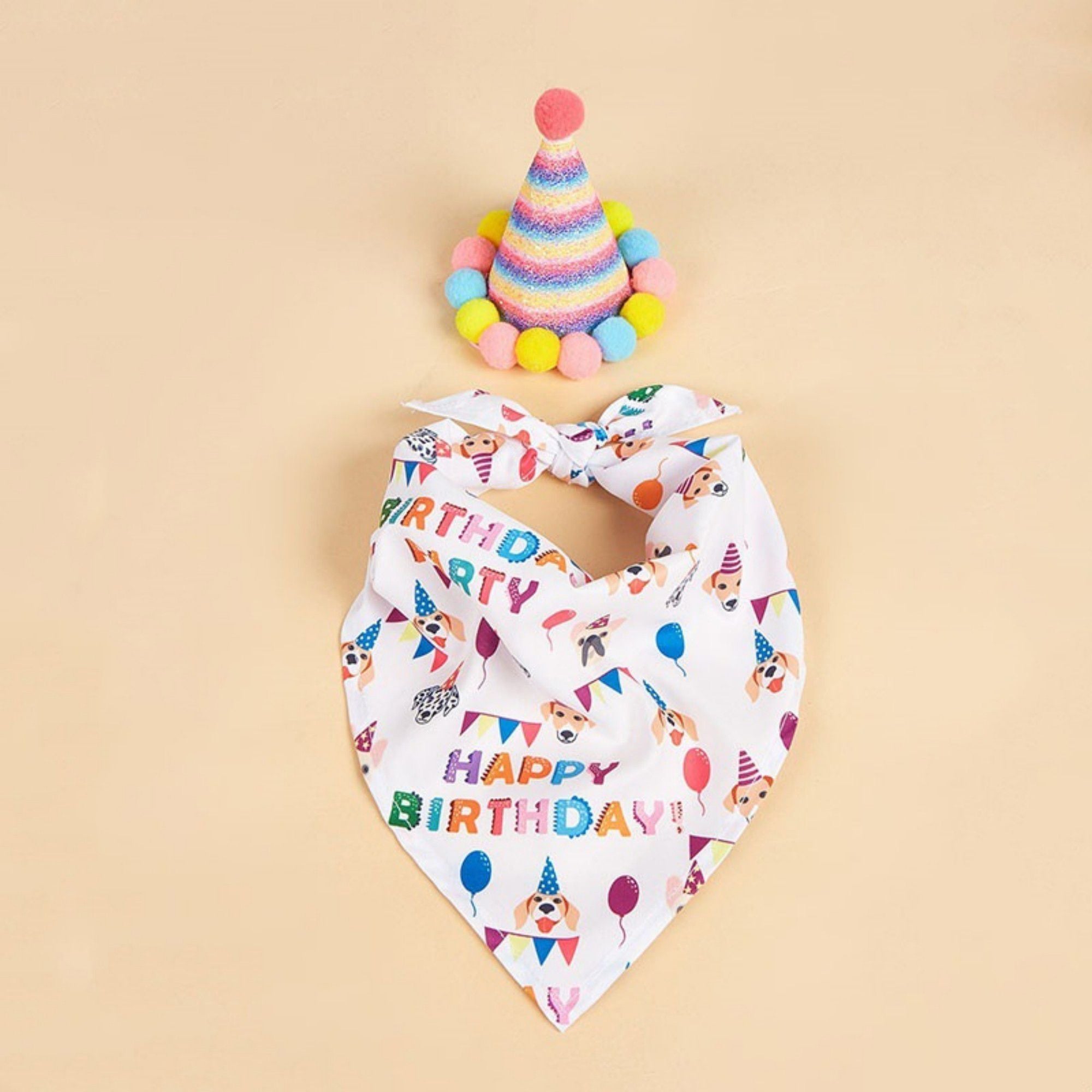 Pet Bandana and Pom Pom Party Hat Set for Dogs and Cats Celebration Costume Accessory