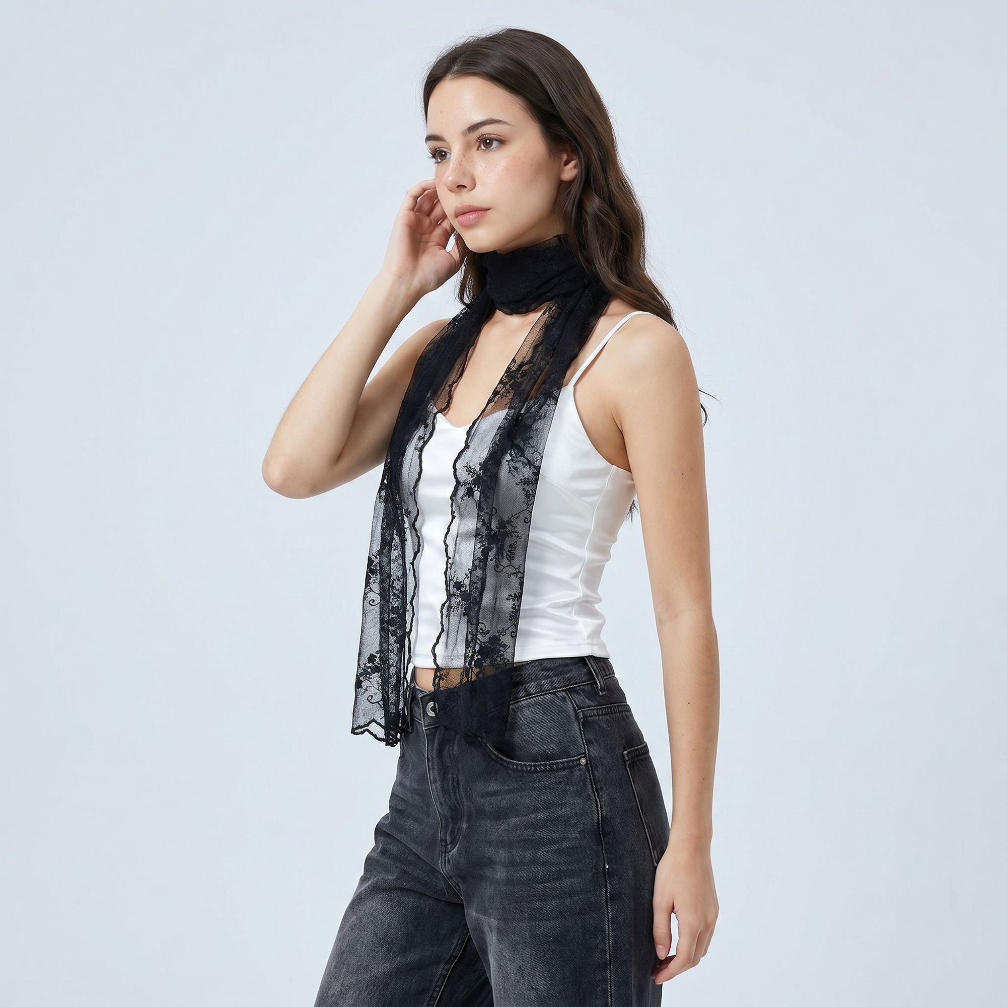 Sheer Embroidered Skinny Scarf with Floral Lace Trim and Long Neck Tie Design