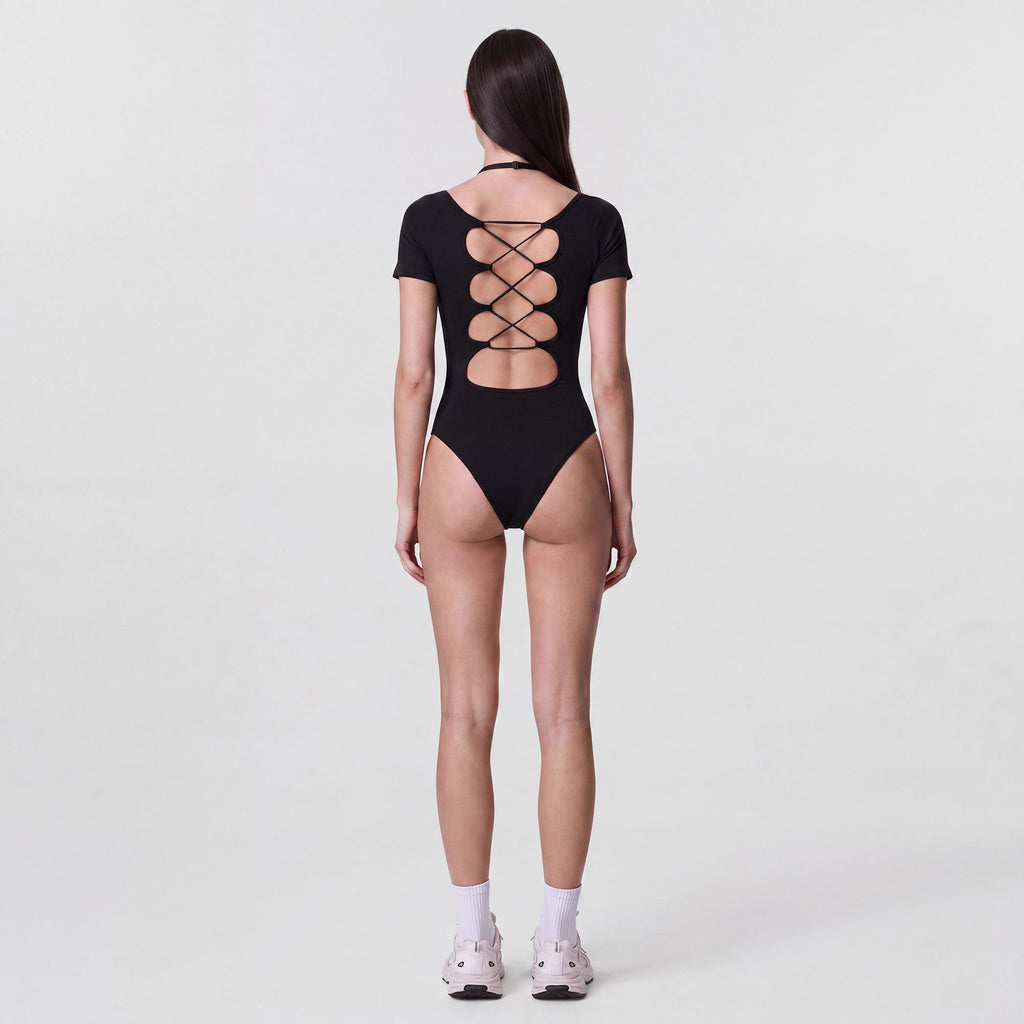 Short Sleeve One Piece Active Bodysuit with Built In Padding Open Back Stretch Fit and Quick Dry Fabric