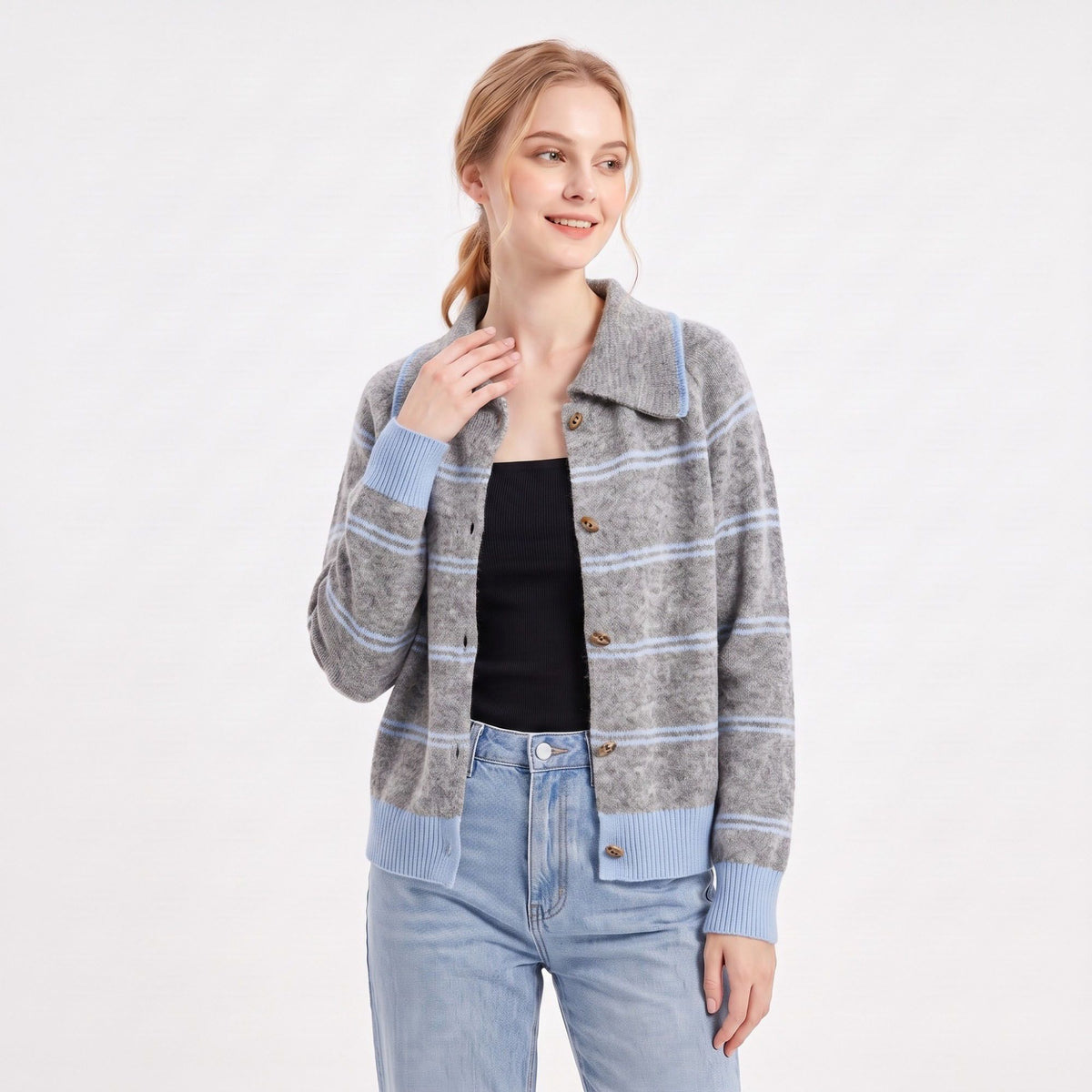 Striped Collared Button-Front Cardigan Sweater