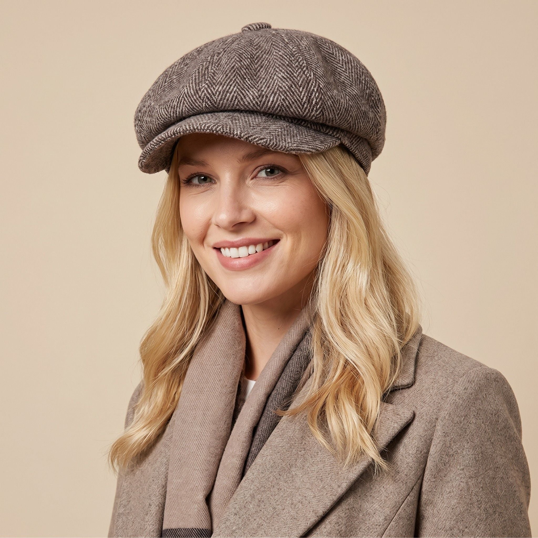 Herringbone Tweed Newsboy Cap Vintage Baker Boy Hat Adjustable