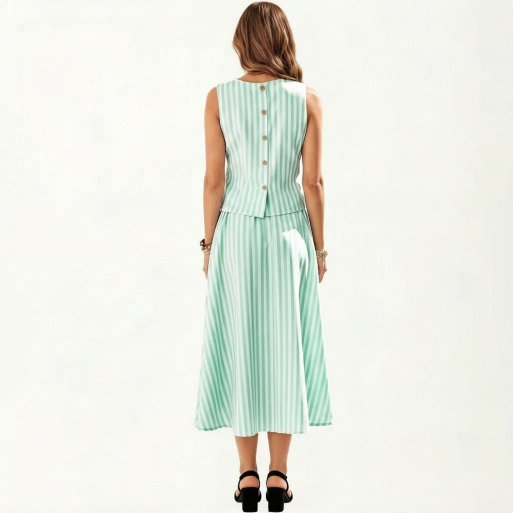 Anna-Kaci Women's Sleeveless Striped Two Piece Set Crop Top and Midi Skirt with Back Button Detail Flowy High Waist Set