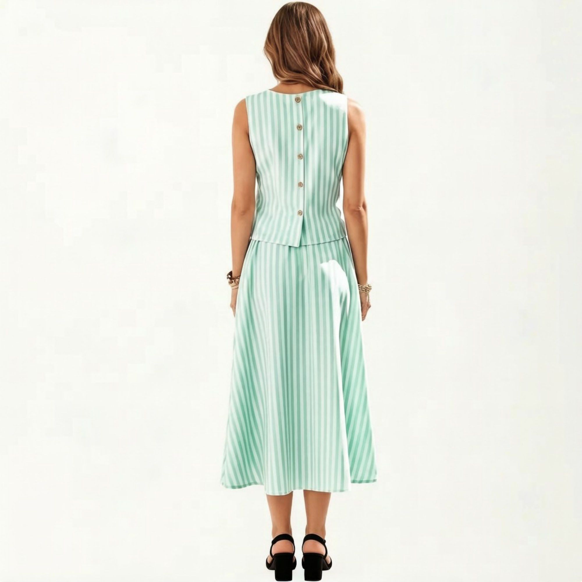 Anna-Kaci Women's Sleeveless Striped Two Piece Set Crop Top and Midi Skirt with Back Button Detail Flowy High Waist Set