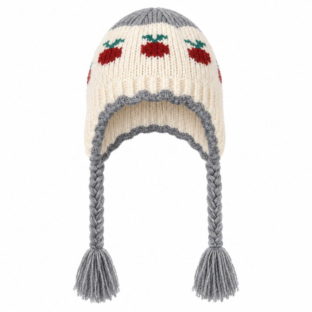 Fruit Pattern Knit Earflap Hat with Braided Tassels