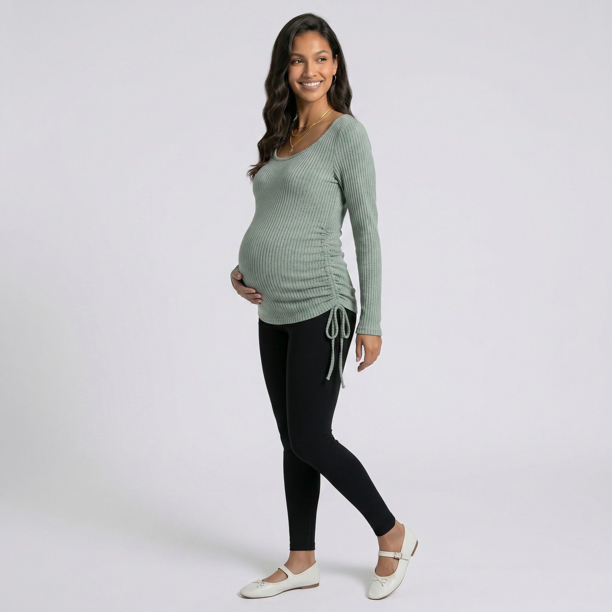 Anna-Kaci Women's Maternity Ribbed Long Sleeve Top with Scoop Neck and Side Ruched Tie Detail