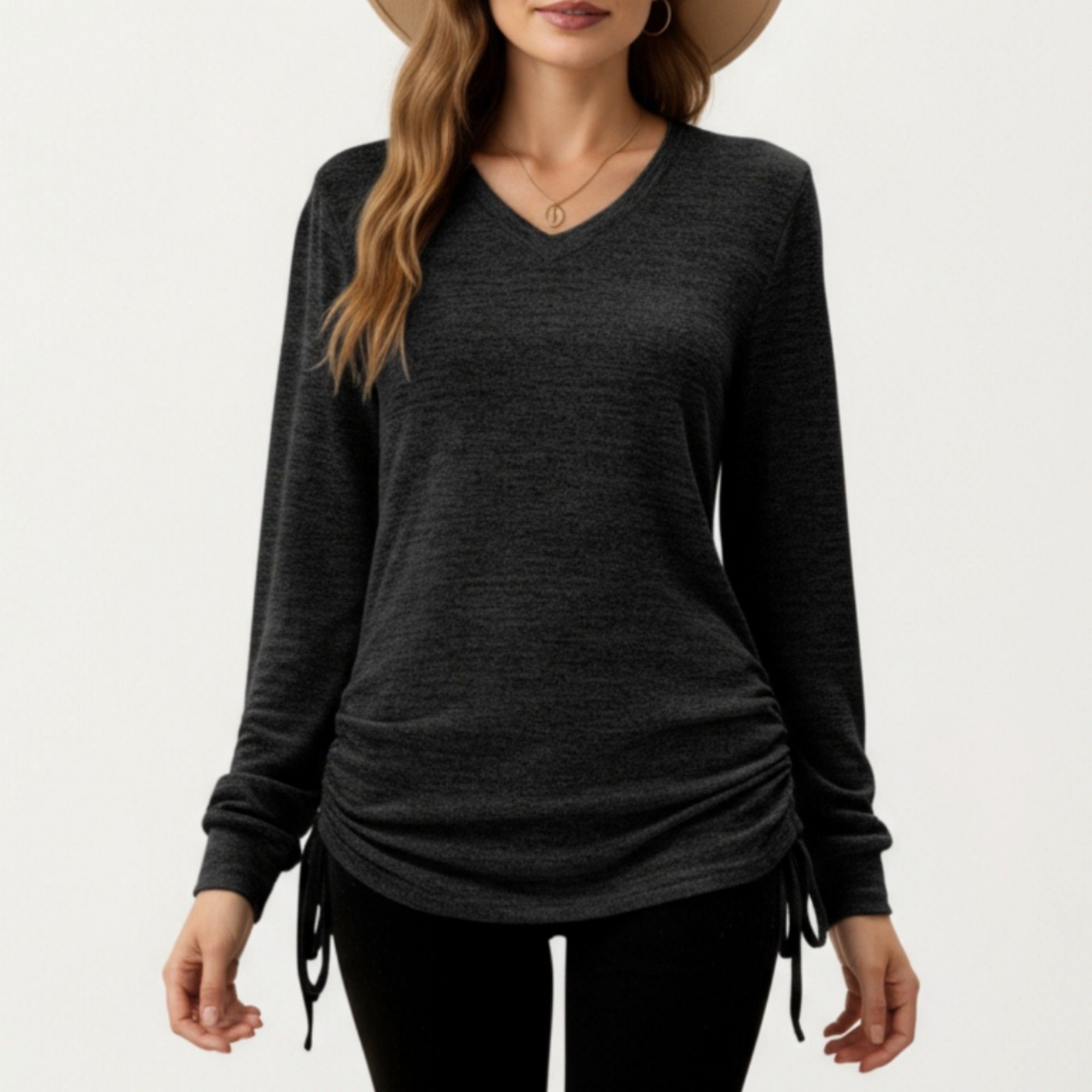 Anna-Kaci Women's Long Sleeve V-Neck Top with Side Drawstring Ruched Hem
