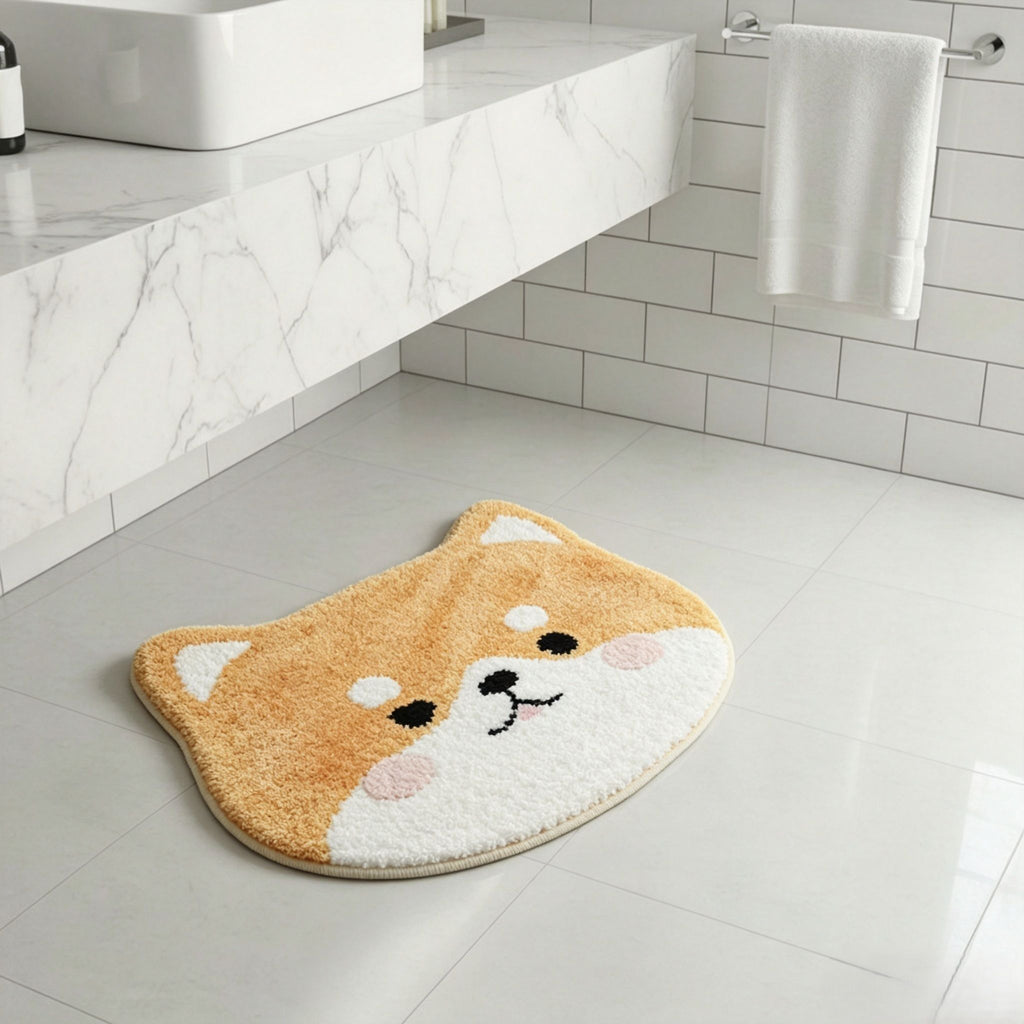 Cute Shiba Inu Head Shaped Bathroom Floor Mat Soft Water Absorbent with Anti-Slip Base