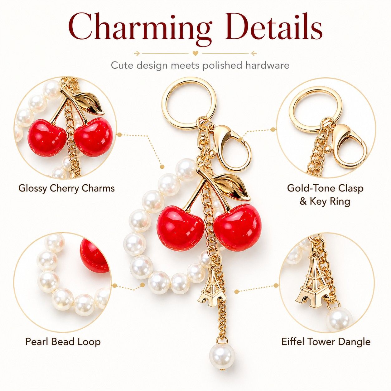 Cherry Bag Charm Keychain with Faux Pearl Loop and Gold-Tone Clips
