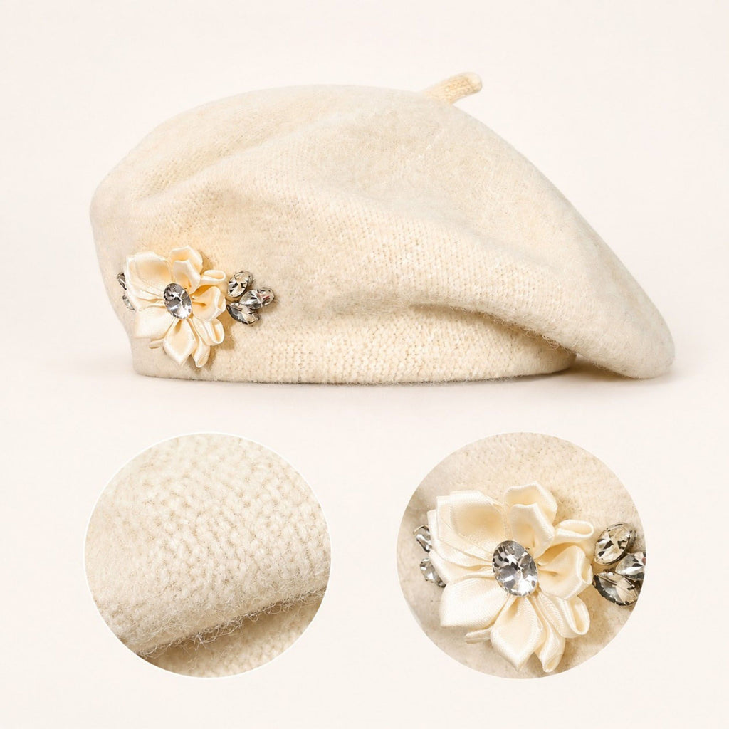 Rhinestone & Flower Embellished Knit Wool Beret