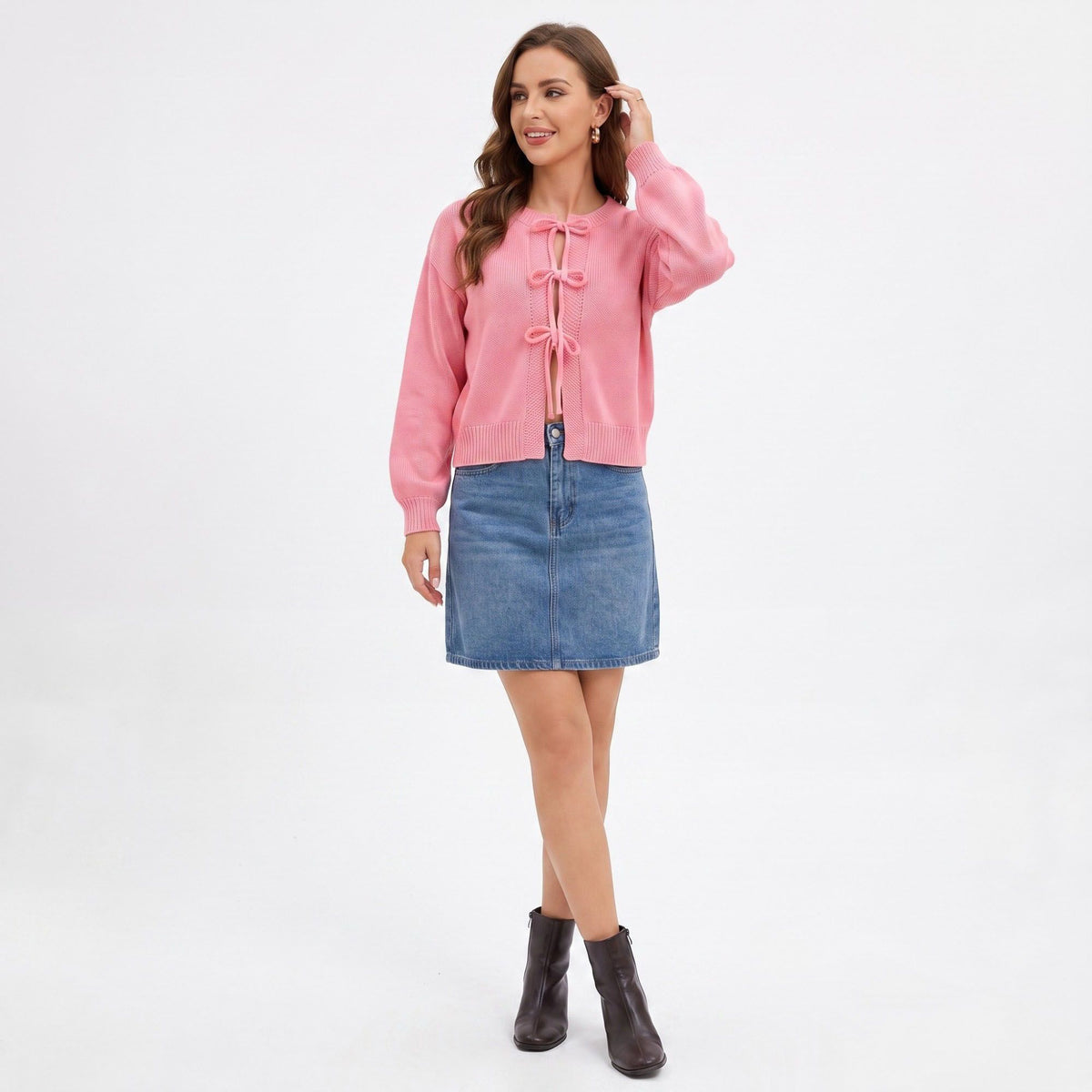Tie Front Knit Cardigan Sweater with Long Sleeves