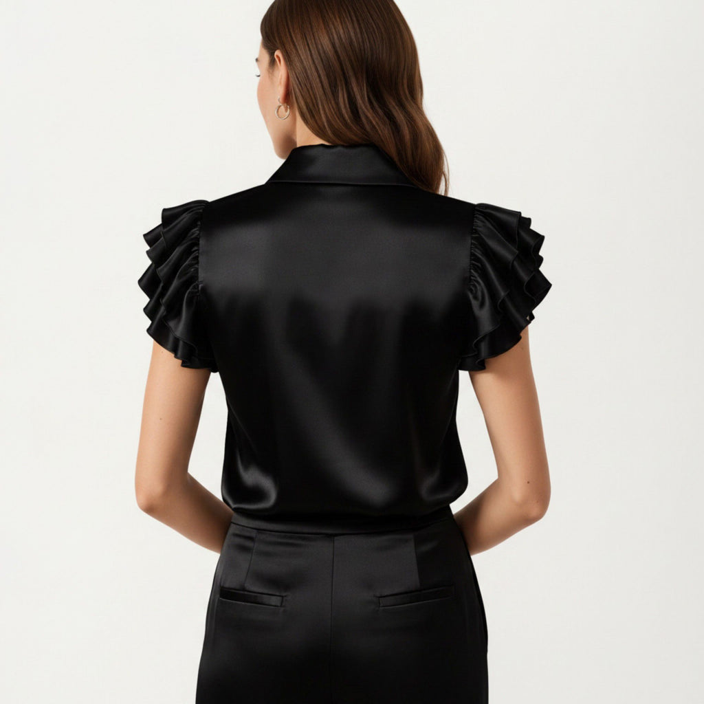 Anna-Kaci Women's Satin Button Down Blouse with Ruffle Sleeves and Collared Neckline