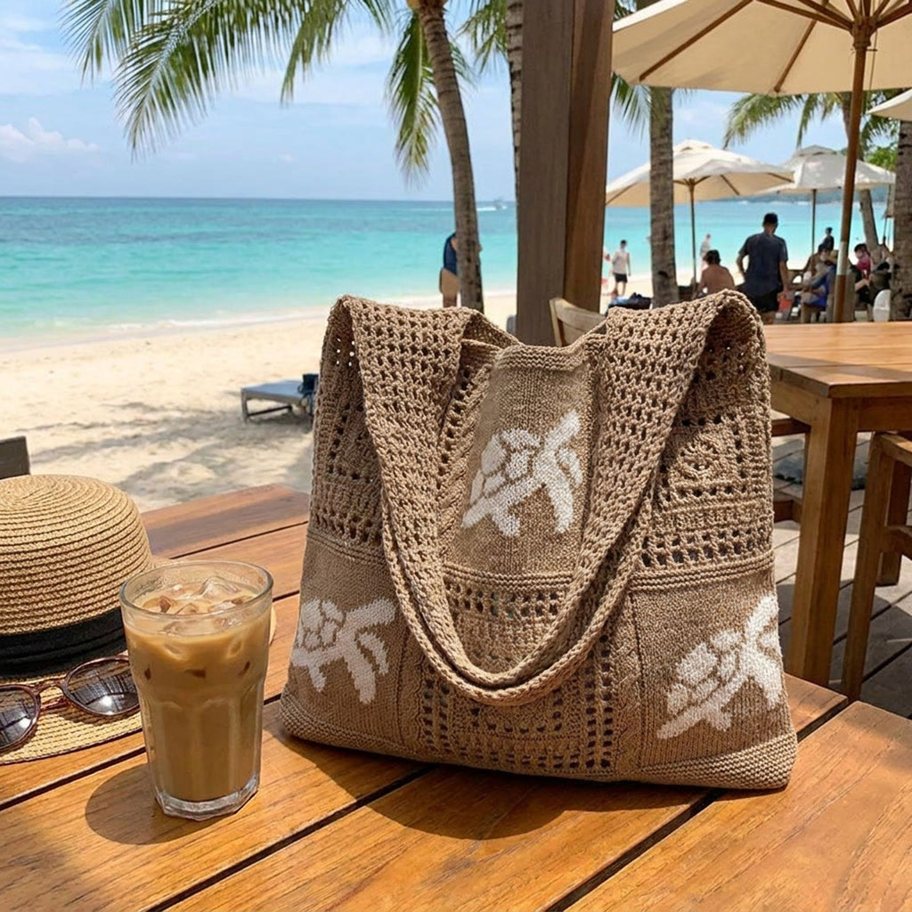 Knit Tote Bag Floral Pattern Shoulder Bag Open Top Casual Everyday Carry Handbag