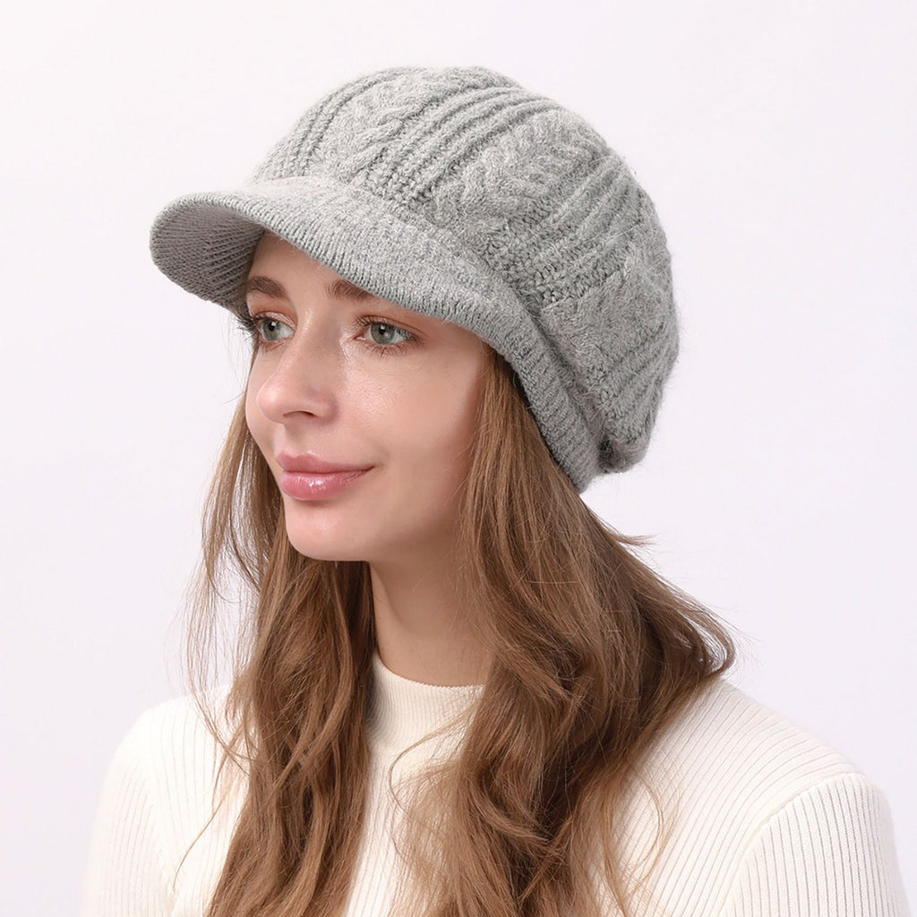 Cable Knit Brim Beanie Faux Fur Lined Warm Winter Hat