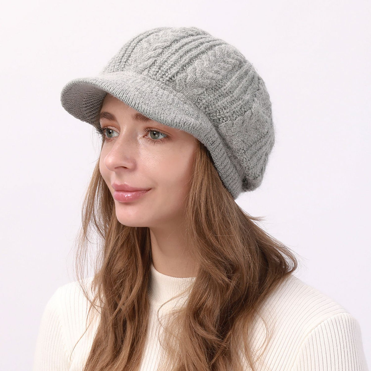 Cable Knit Brim Beanie Faux Fur Lined Warm Winter Hat