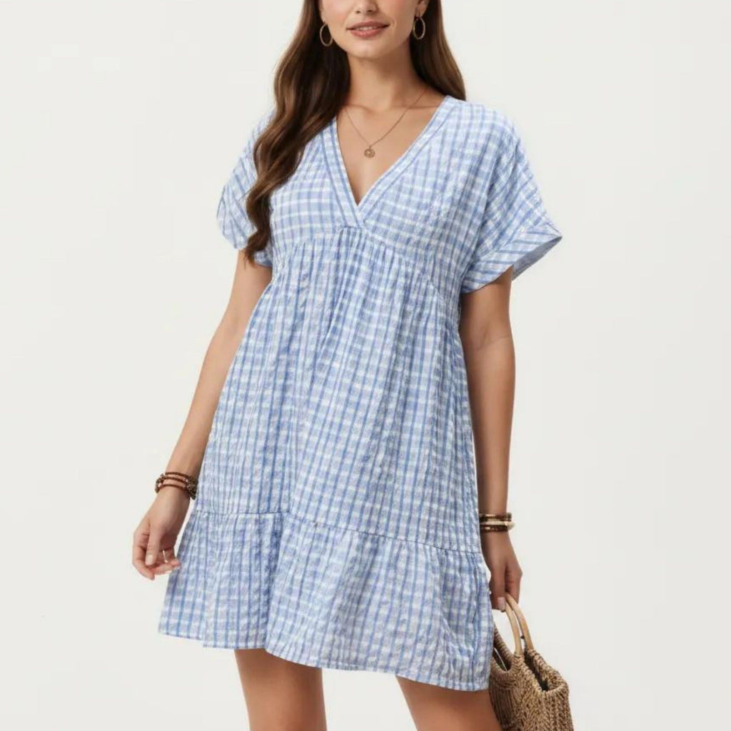 Anna-Kaci Women's Short Sleeve V Neck Plaid Mini Dress with Tiered Hem Loose Fit Casual Lightweight Summer Dress