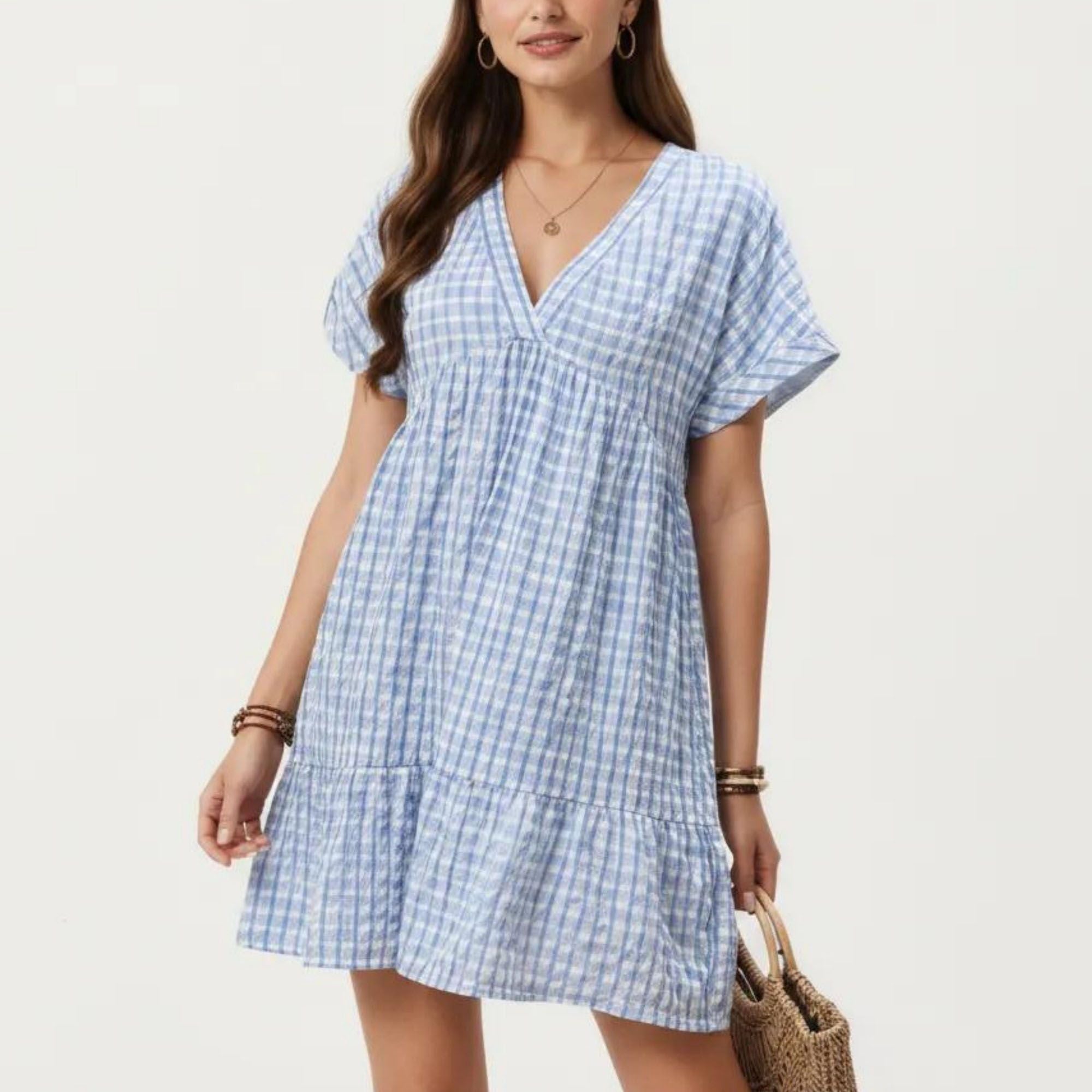 Anna-Kaci Women's Short Sleeve V Neck Plaid Mini Dress with Tiered Hem Loose Fit Casual Lightweight Summer Dress
