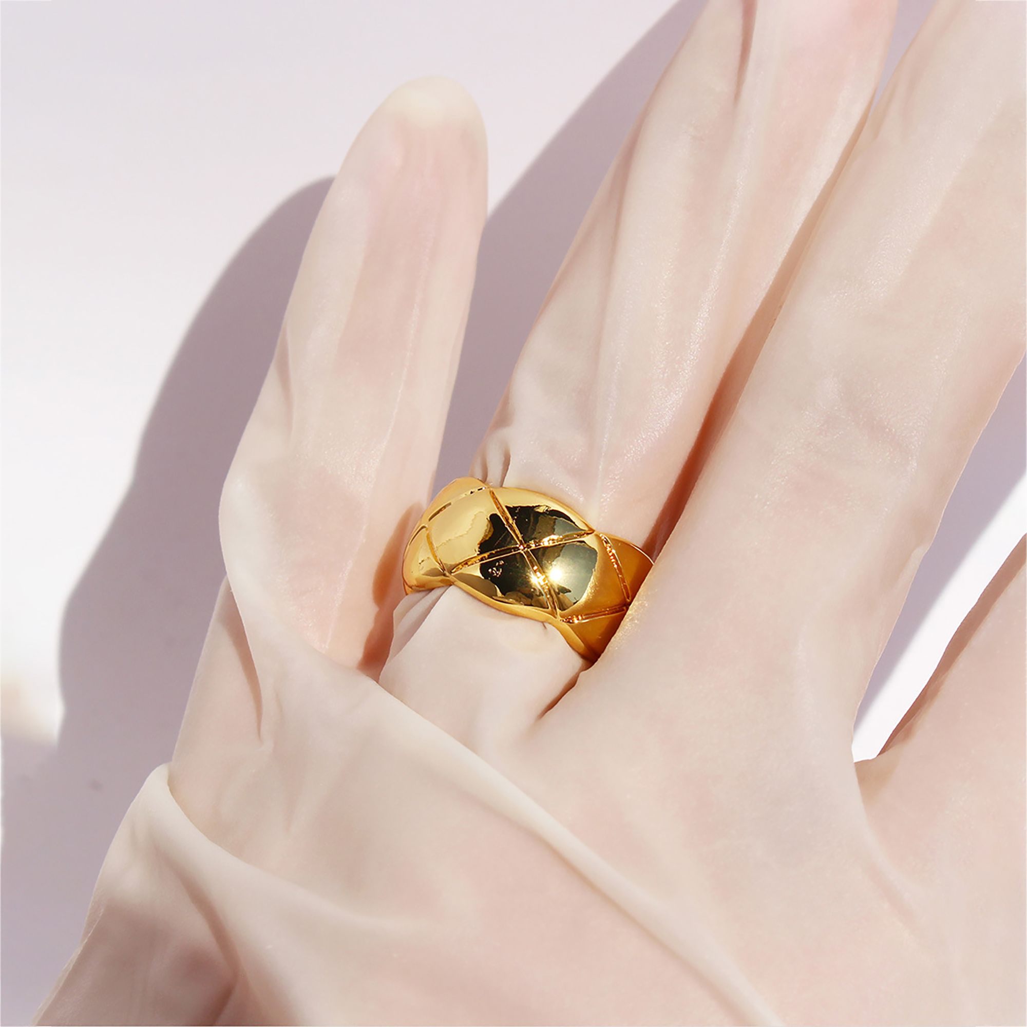 Women's Quilted Open Cuff Ring - Adjustable Brass Textured Statement Ring for Luxury Daily Wear