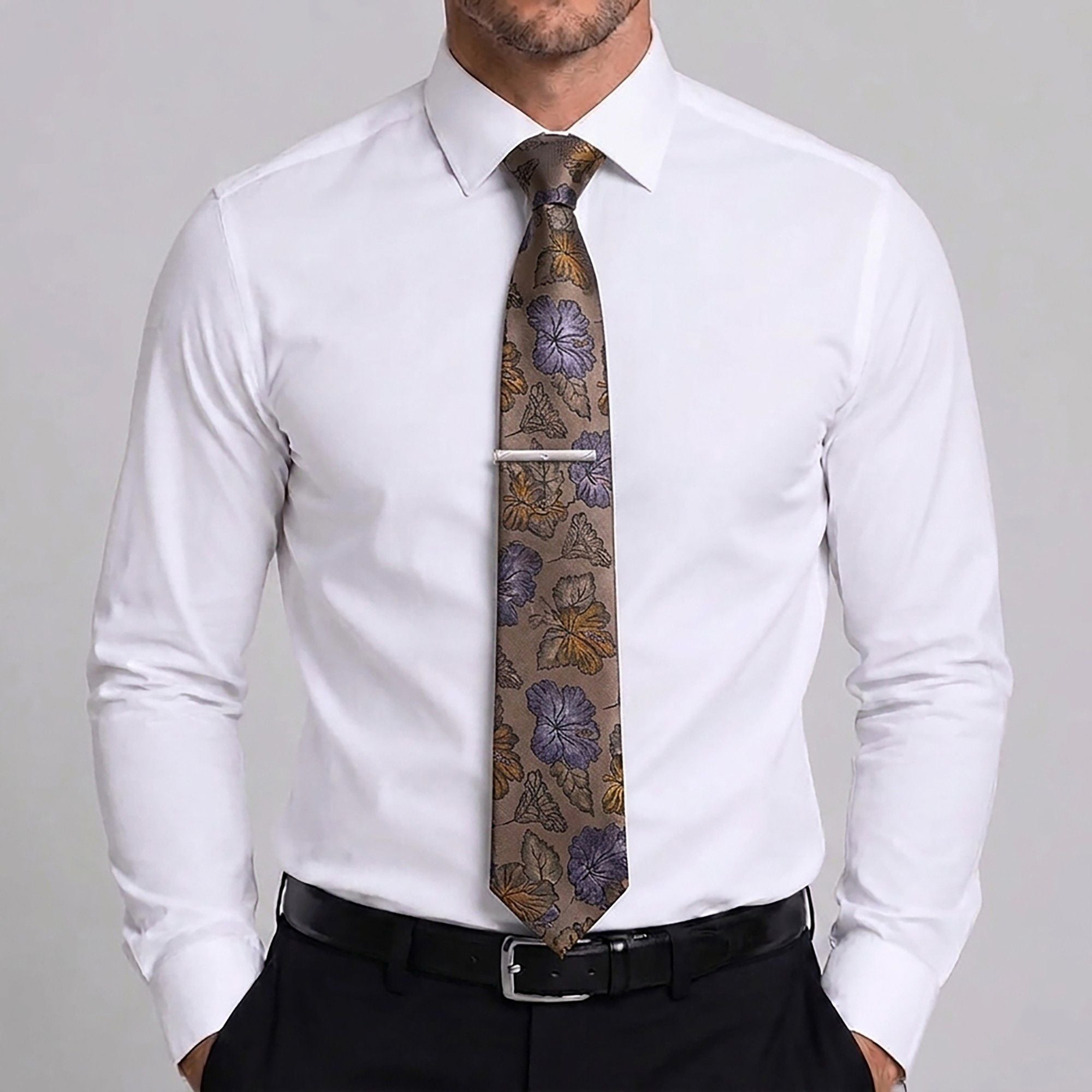 Men's Floral Pattern Tie Gift Set with Matching Pocket Square Cufflinks and Silver Tie Clip