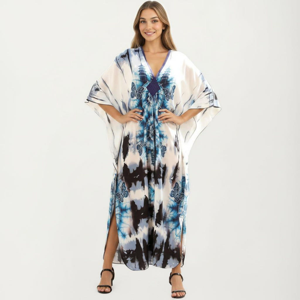 Anna-Kaci Women's Tie Dye Medallion Kaftan Maxi Dress with V-Neckline and Relaxed Flowy Silhouette