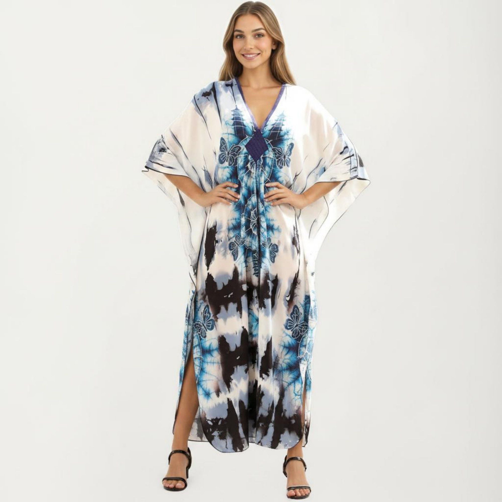 Anna-Kaci Women's Tie Dye Medallion Kaftan Maxi Dress with V-Neckline and Relaxed Flowy Silhouette