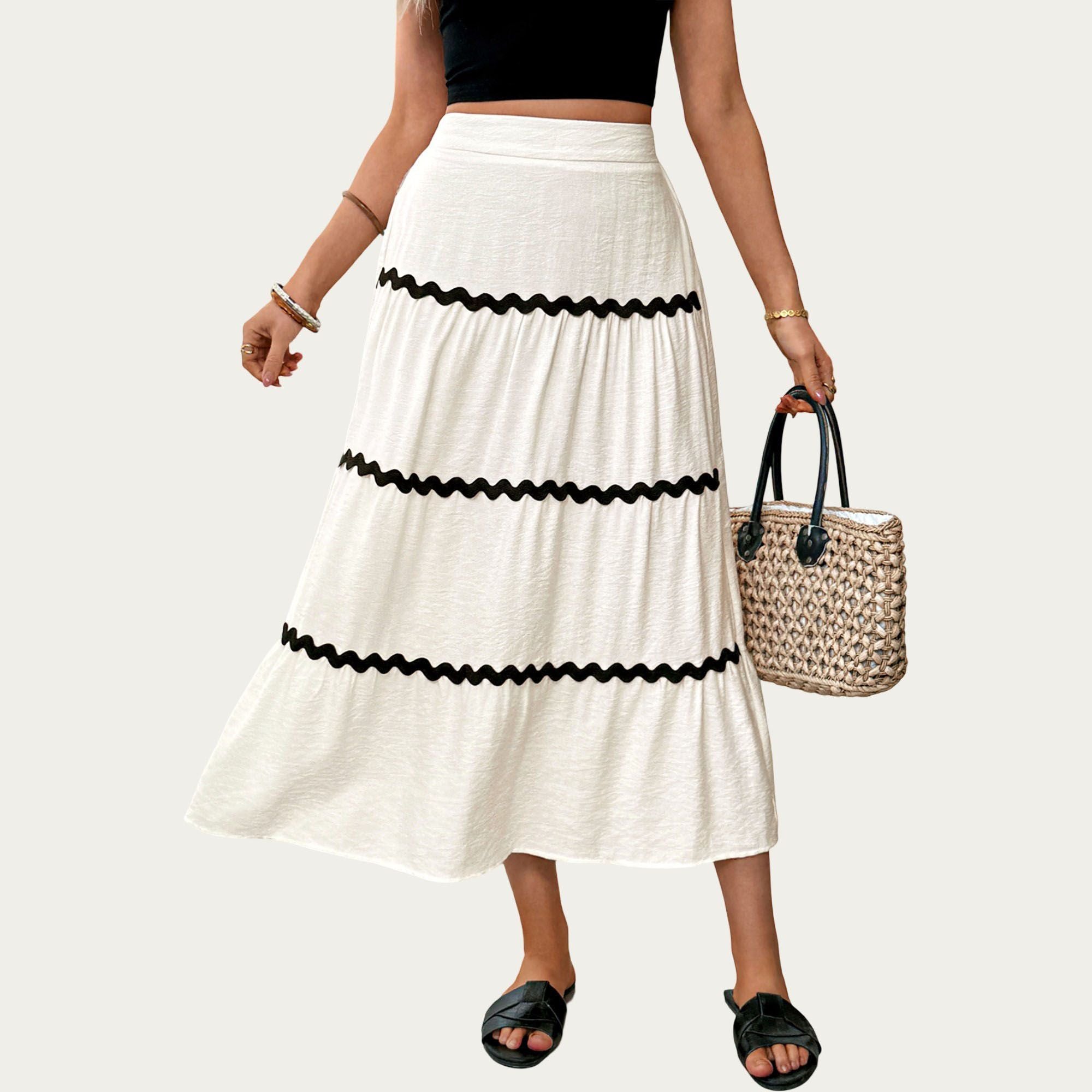 Anna-Kaci Women's High Waist Tiered Midi Skirt with Wavy Trim Detail Flowy A-Line Silhouette Lightweight Fabric