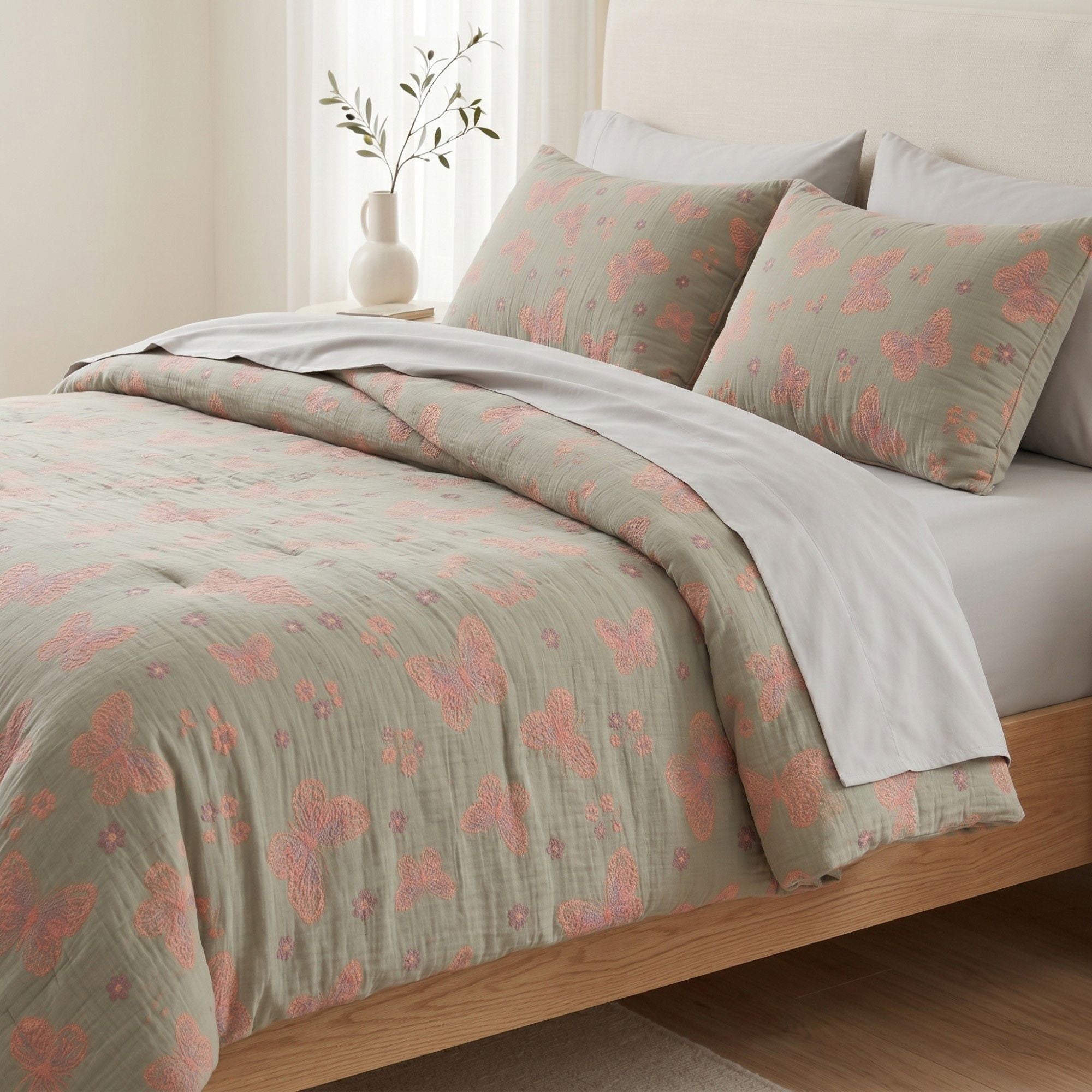 4-Piece Cotton Bedding Set with Butterfly Print Duvet Cover and Pillowcases