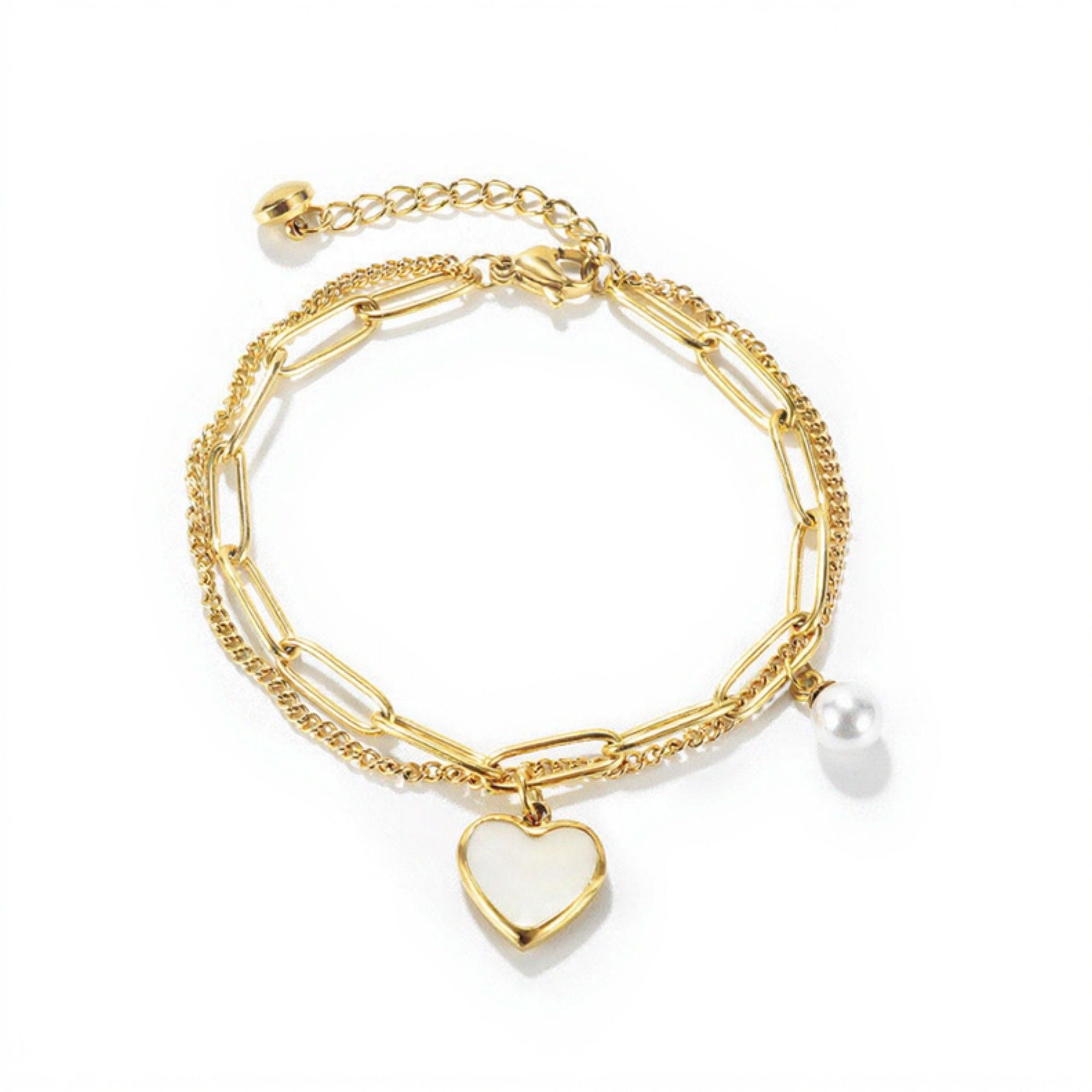 Double Layer Chain Bracelet with Heart Charm Pendant and Smooth Bead Drop Detail for a Delicate Feminine Layered Look
