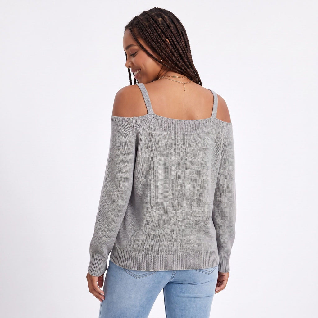 Cold Shoulder Strap Argyle Textured Long Sleeve Knit Sweater