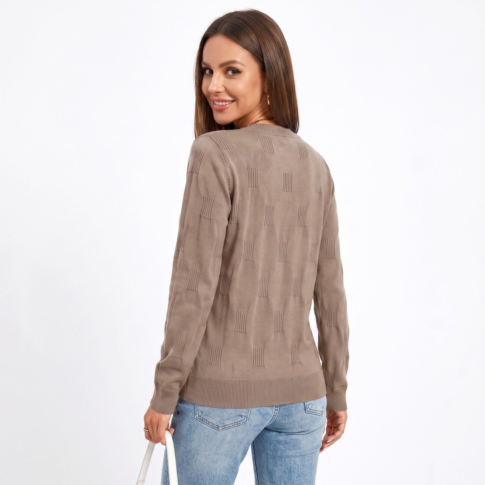 Textured Geometric Crew Neck Long Sleeve Knit Sweater