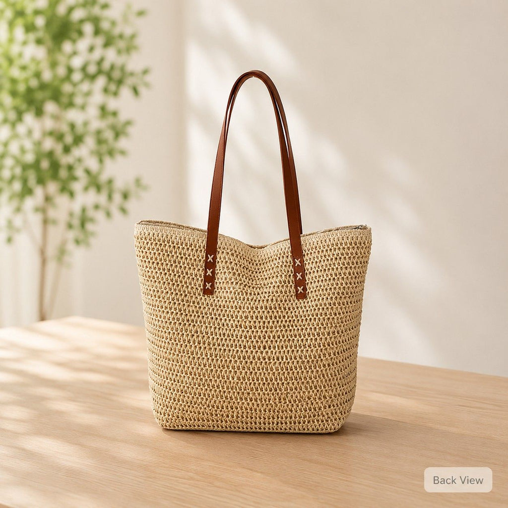 Palm Tree Woven Tote Bag Large Capacity Shoulder Handbag with Faux Leather Handles
