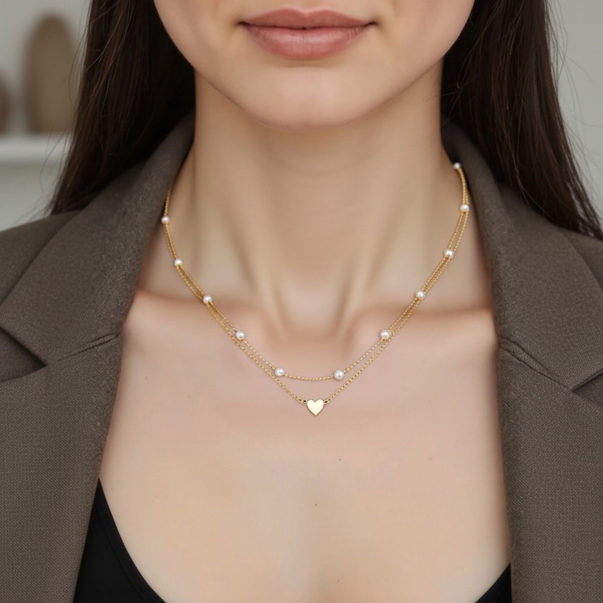 Women's Layered Necklace and Bracelet Set with Heart Charms and Pearl Accents