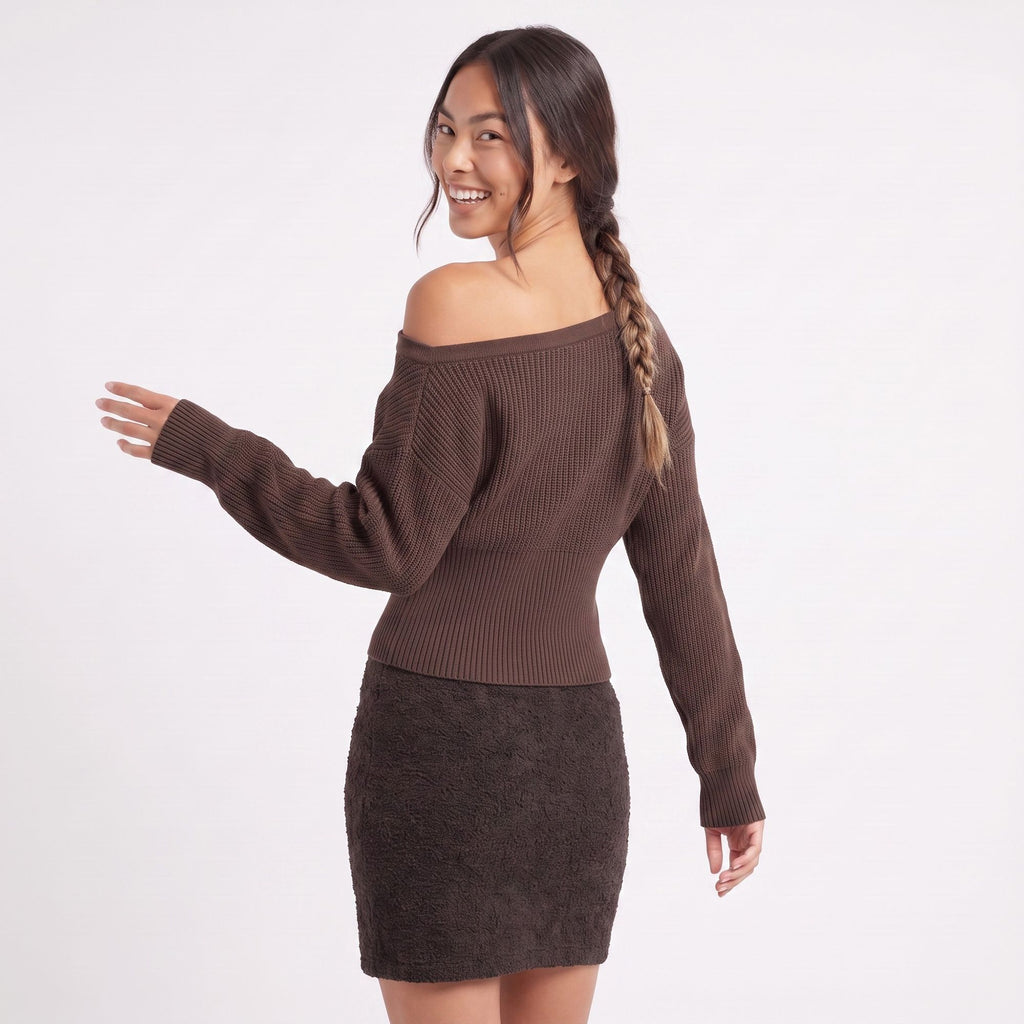 Off Shoulder Ribbed Waist Long Sleeve Knit Sweater