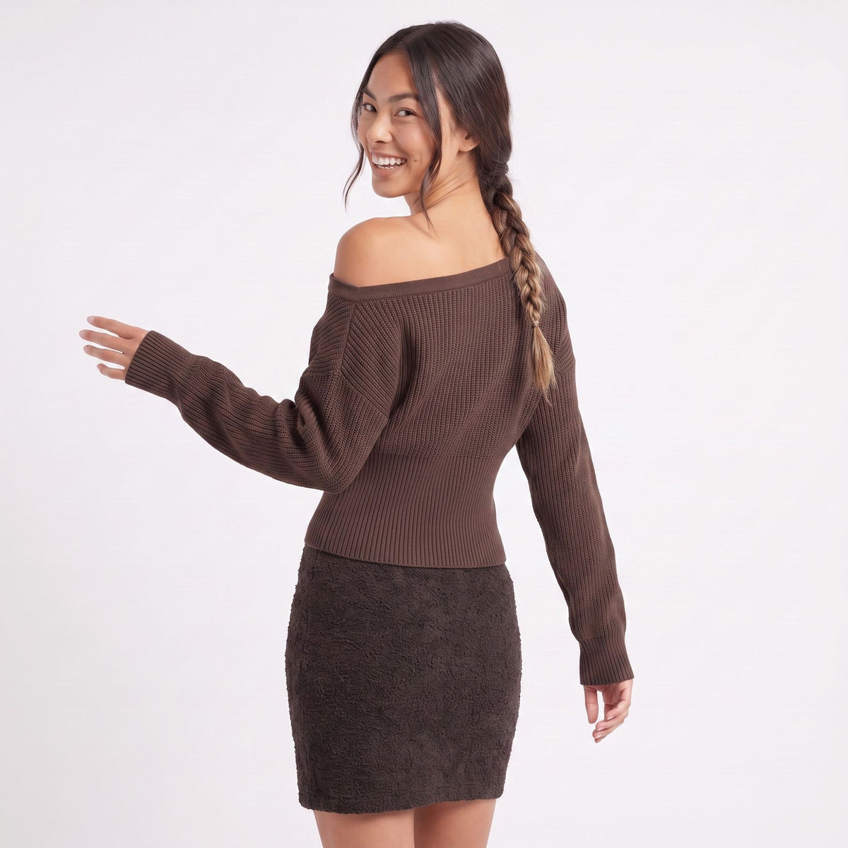 Off Shoulder Ribbed Waist Long Sleeve Knit Sweater