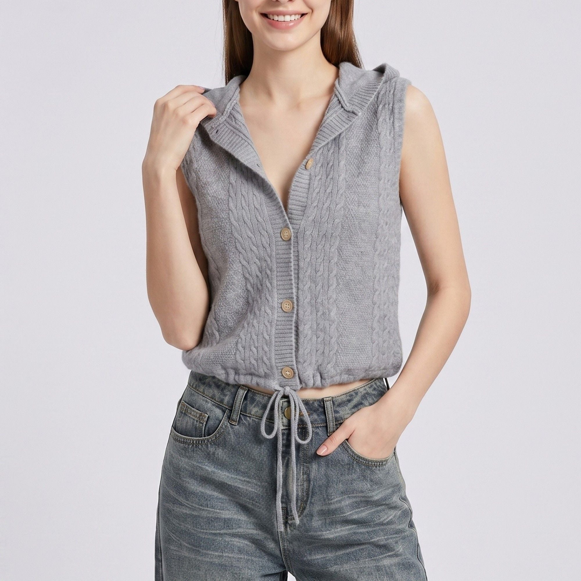 Anna-Kaci Women's Sleeveless Hooded Cable Knit Sweater Vest Top with Button Front and Adjustable Drawstring Hem