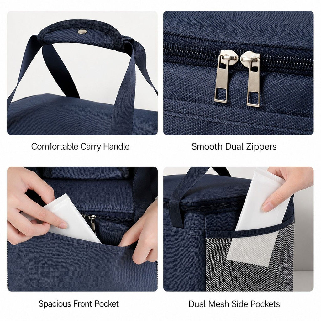 Insulated Lunch Tote Bag with Front Pocket Mesh Side Pockets and Dual Zipper