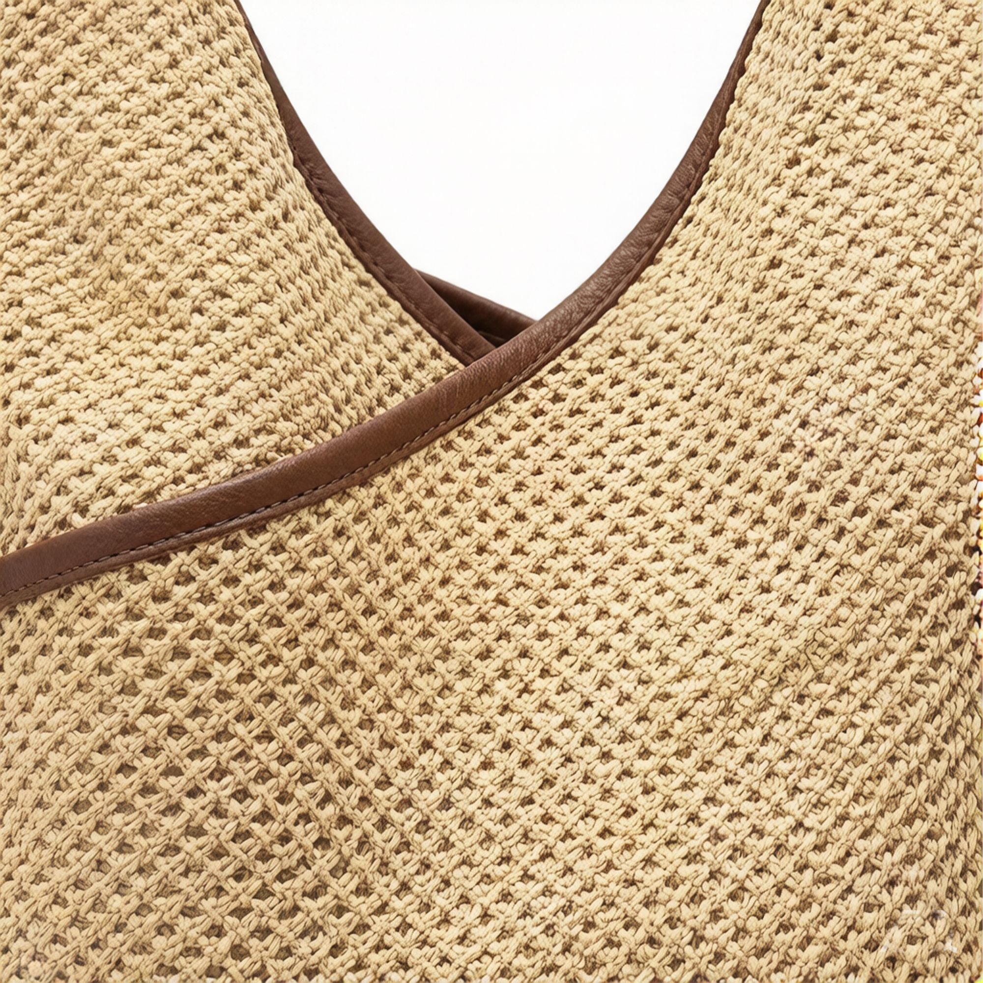 Woven Shoulder Hobo Bag with Faux Leather Trim Soft Knit Slouchy Handbag Casual Everyday Tote