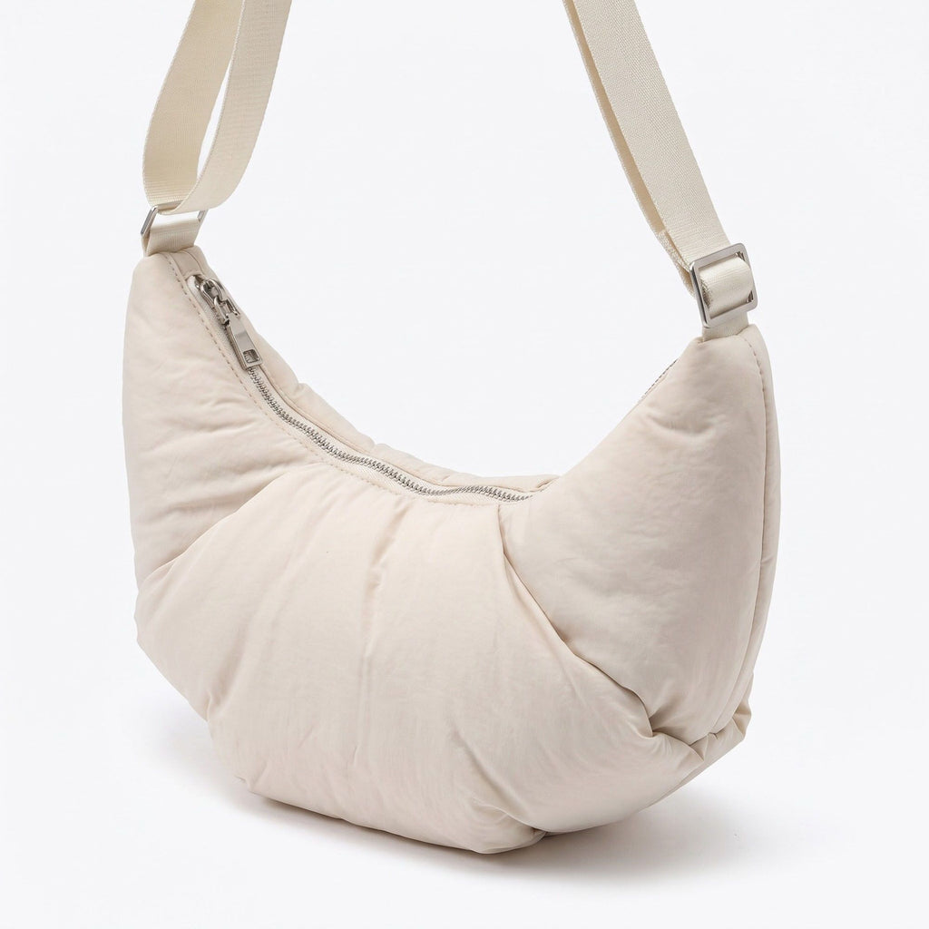 Padded Crescent Shoulder Bag with Wide Strap and Top Zipper Closure 13x7.5x2.5in