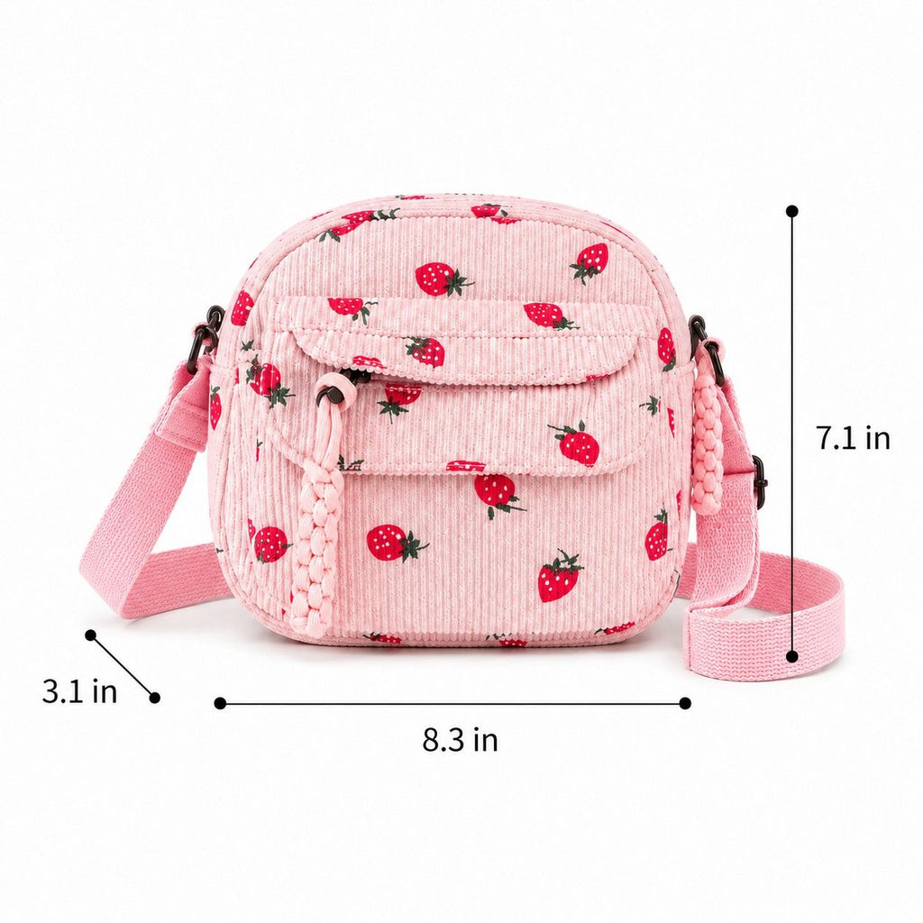 Strawberry Print Corduroy Crossbody Bag with Front Pocket and Adjustable Strap