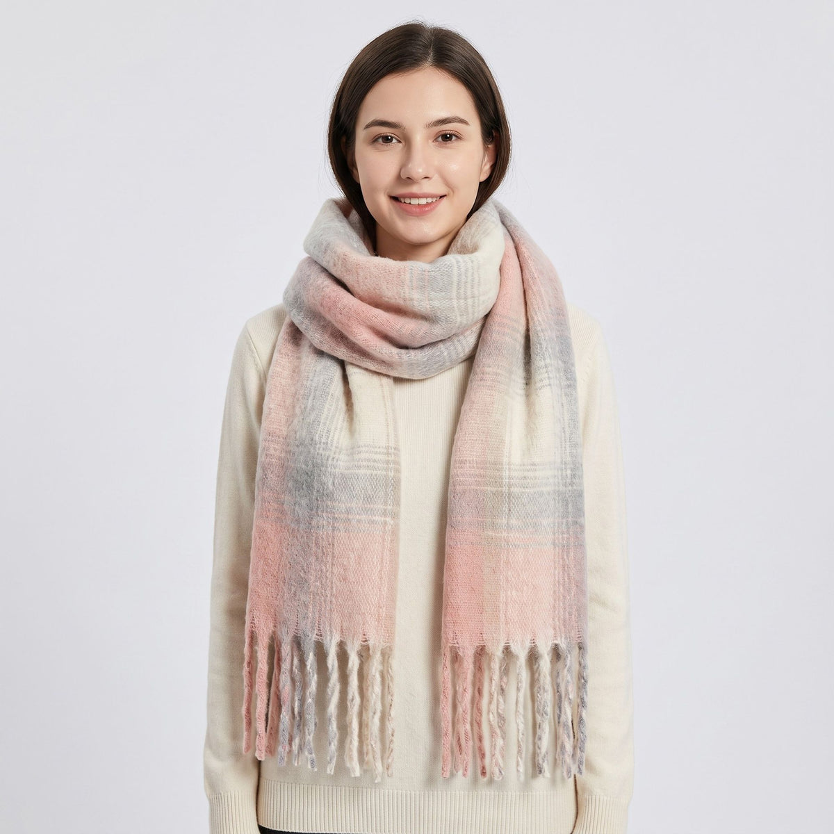 Oversized Plaid Scarf with Fringe Soft Brushed Winter Wrap