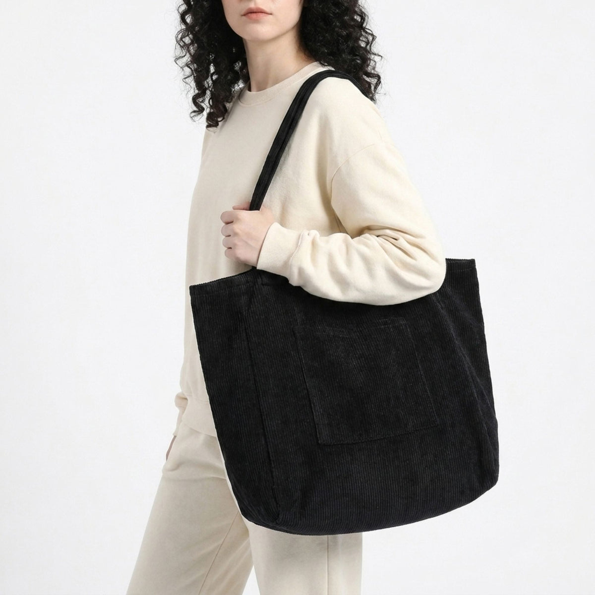 Corduroy Tote Bag Large Capacity Shoulder Bag with Front Pocket